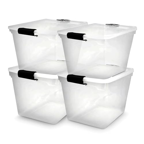 Image of HOMZ 4-Pack Latching Lid, Large Clear Plastic Storage Bins with Lids, 31 Quart, Gray Latch - Stackable Container Boxes for Home, Bathroom, and Office Organization