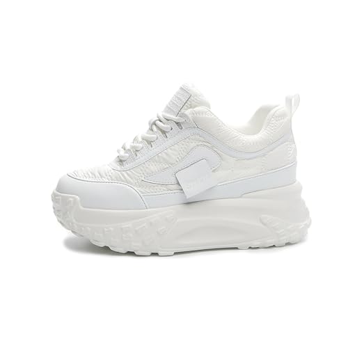 Women's Chunky Increase Height Lace-up Fashion Sneakers Shiny Anti-Slip Wear-Resistant Breathable Platform Wedge Low-top Sport Walking Shoes