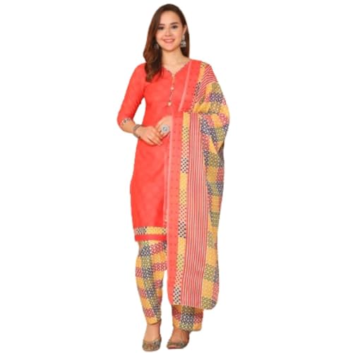 Monira Peach Cotton Blend Printed Ready to Wear Patiala Salwar Su...