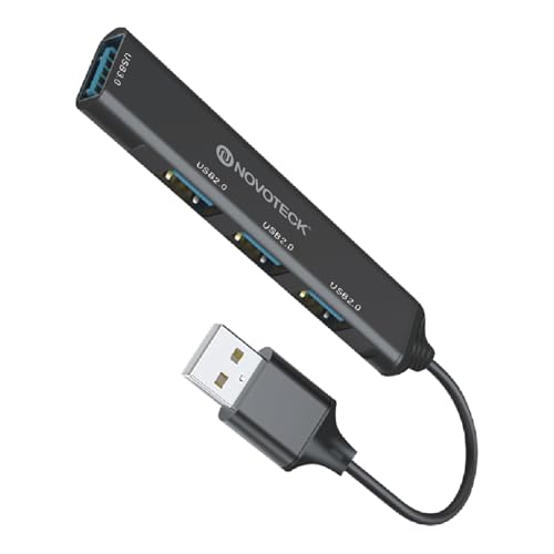 NOVOTECK Hub USB 3.0,4 Puertos (USB 3.0 + 3 USB 2.0) 10Gbps, Adaptador OTG con Cable silicona y Diseño Metálico, Multi­puertos Compatible con MacBook Pro/Air, iMac, Surface, PC Portátil,Disco Duro,PS5