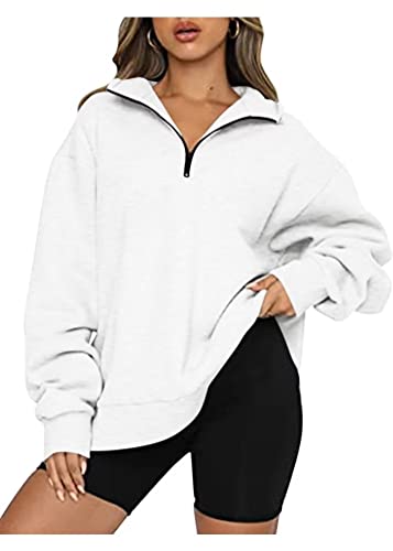 Ovanviso Women's Casual Oversized 1/4 Zip Hoodies Long Sleeve Loose Fit Soft Trendy Basic Sweatshirt Y2K Clothes With Hooded White #TOP7