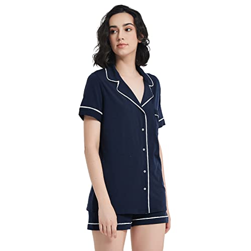 Metarino Merino Wool Pajamas Women 2Pcs Set Nightwear Short Sleeve Soft Button Down Sleepwear For Home,Navy Blue,X-Large (Mata-62912) #TOP2