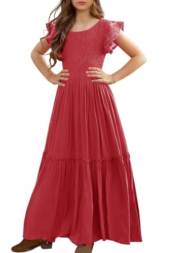 Image of MITILLY Girls Lace Flower Wedding Guest Long Maxi Dress for 6-12 Years | Girls Boho Dress, Girls' Special Occasion Dresses, Wedding Party, Size 6-12 Years, Ruffle Sleeve, A Line, With Pockets