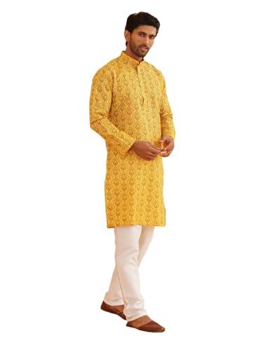 Image of SOJANYA (Since 1958 Men's Cotton Blend Navy Blue & Black Printed Kurta & White Churidar Pyjama Set