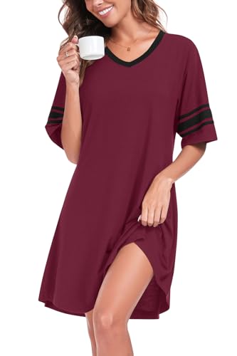 YVH Nattlinnen för kvinnor kortärmad v-ringad nattskjorta casual nattkläder klänningar nattkläder myskläder, Vinrött, S