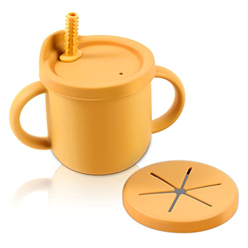 Image of LUOWAN Sippy Cup with Straw Silicone Baby Cup with Straw Spill Proof Snack Container 2 in 1 8OZ