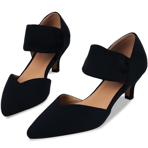 Image of Pointed Toe Low Kitten Heels Women Ankle Strap Slip on Pumps | Closed Toe, 2.2 Inch short heels,Synthetic Upper /Suede,Bridal Dress Shoes - 8 Colors, Wedding, Party and Formal Events