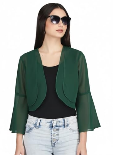 Image of AOL Women's Cropped Layered Lightweight Sheer Three-Fourth Bell Sleeves Georgette Open Neck Shrug Bolero