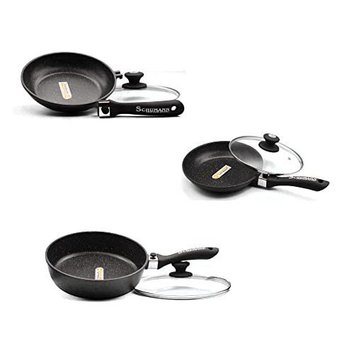 Schumann Professionnel - Lot 2 Pôeles 24/28cm - Sauteuse 28cm - Revêtement Pierre -Compatibles Tous feux dont Induction - Fonte d'Aluminium Sans PFOA - Manches Amovibles Silicone - Couvercle Inclus