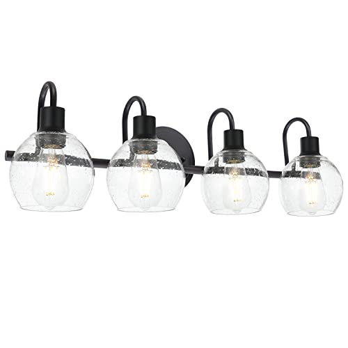 Image of 4-Lights Contemporary Bathroom Light Fixtures Over Mirror with Seeded Globe Glass Shades, Black Rustic Vanity Wall Lighting for Bedroom Dressing Cabinet