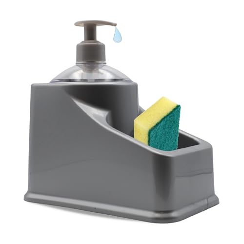 CHEFZOCO Organizador Fregadero con Dosificador, Soporte de Esponja para Fregadero, Guarda Estropajo de Cocina, Organizador Fregadero de Cocina, 18 cm Longitud, Incluye Dosificador, Gris