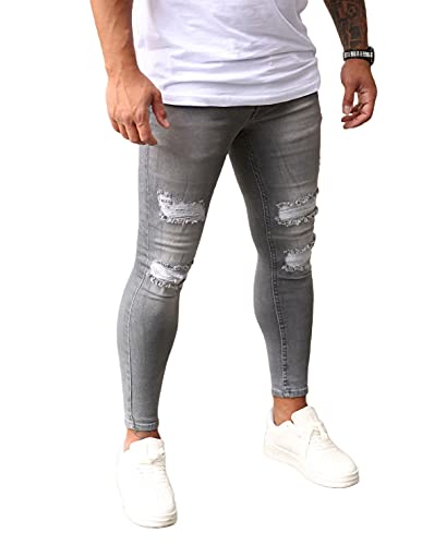 ZAXARRA Mens Distressed Ripped Jeans Skinny Jeans Pants - Denim Jeans for Men (Grey, M, m)