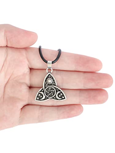 Haquil Wiccan Necklace, Triple Moon Goddess Sun Star Pentagram Triquetra Pendant, Faux Leather Cord #TOP1