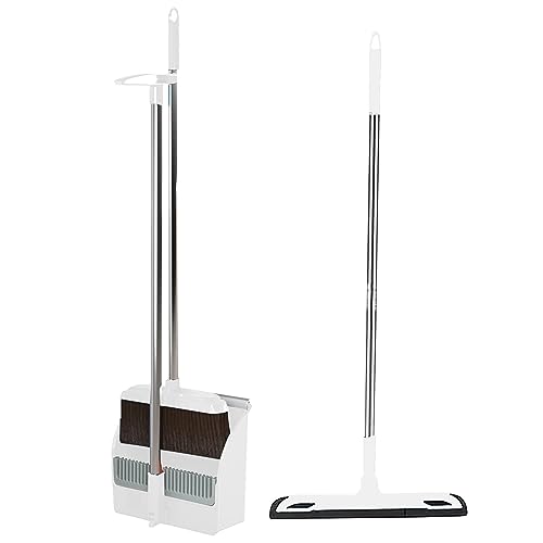 37.8in Broom and Dustpan Set Foldable Hand Broom for Home & Kitchen with Scraping Teeth and Scraper, 1 Wiper Buckle Type Outdoor Broom Household Cleaning Tool Apartment Essentials Cute Stuff (White)