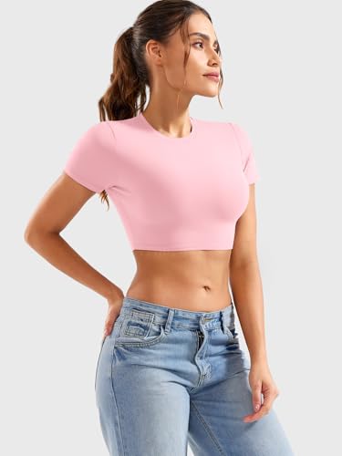 YEOREO Short Sleeve T Shirt for Women Double Lined Crop Top Crew Neck Workout Tee Colin Slim Fit Summer Basic Going Out Top3