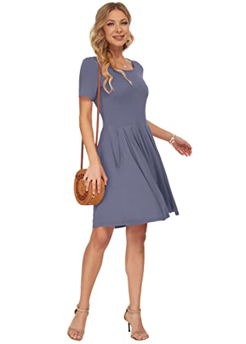 Auselily Women's Summer Solid Plain Short Sleeve Pockets Pleated Loose Swing T-Shirt Dress Purple Gray M #TOP1