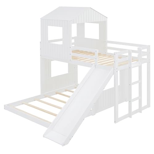 Image of Bellemave Bunk beds Twin Over Full with Slide,Ladders,House roof Design, Low bunk /loft Bed for Kids,White