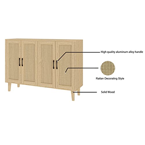 Panana Buffet Storage Cabinet With Rattan Decorating 4 Doors Living Room Kitchen Sideboard 48.43 X 34.65 X 15 Inch (Natural Wood) #TOP6