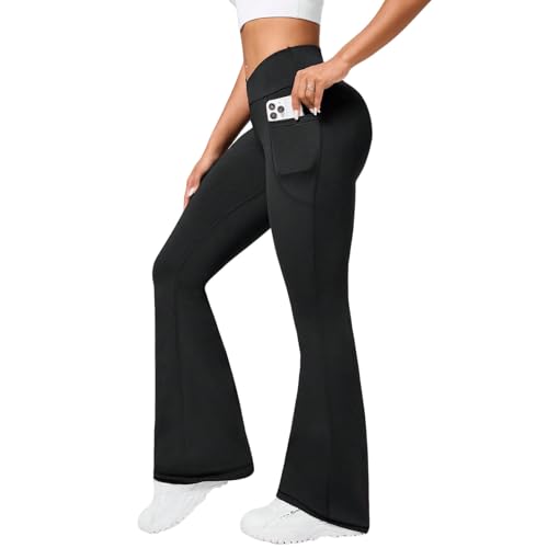 Neteson Calças de mulher sino elástico calças enroladas com bolsos cintura alta Flared Leggins ioga Pants leggings desportivas push-up opacos Bootcut calças de jazz fitness casual, A Preto, M