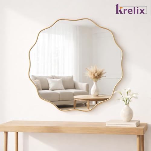 Image of 18 x 18 Inch Gold Irregular Wall Mirror - Modern Asymmetrical Design with Plastic Frame, Decorative Wall Mirror for Living Room, Bathroom, Bedroom & Entryway (Gold, Wave Round)