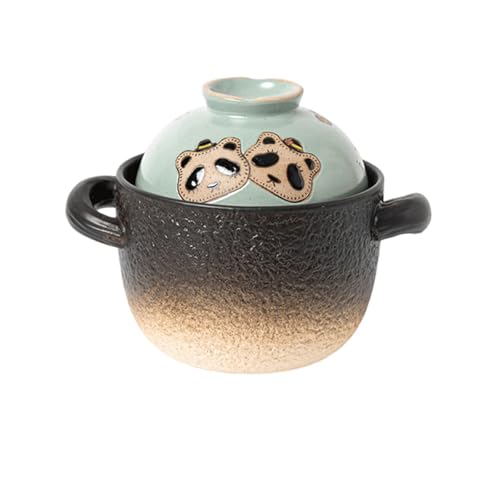 Linda cacerola de cerámica con motivo de panda, pequeña y linda olla de barro de 800 ml for sopas, guisos y gachas con asas resistentes(Black)