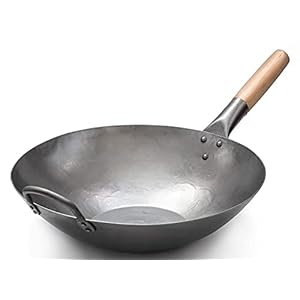 Craft Wok Flat Hand Hammered Carbon Steel Pow Wok with Wooden and Steel Helper Handle (14 Inch, Flat Bottom) / 731W316