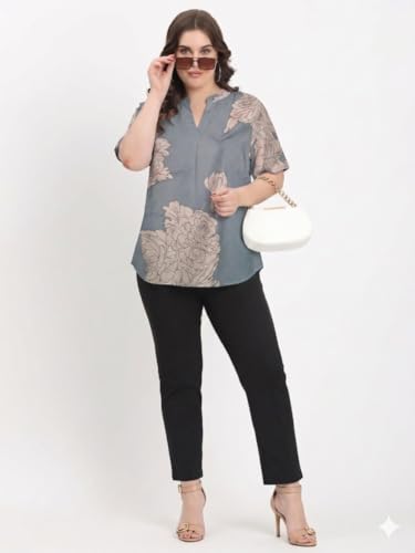 Image of SINDOORI Relaxed Fit Tops for Women Plus Size Solid Printed Mandarin Collar, Band Collar, V-Neck Top, Half Sleeve Loose Fit
