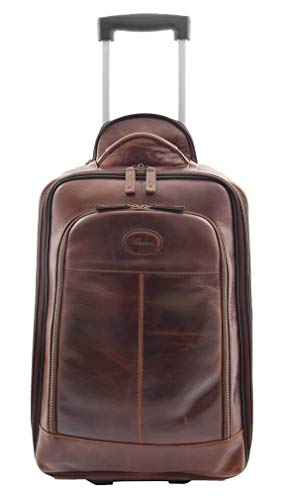 Real Leather Cabin Suitcase Wheeled Trolley Newton Brown