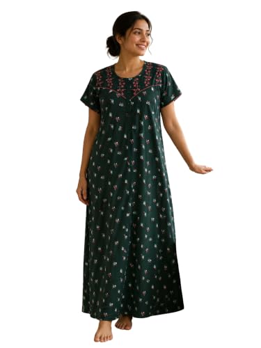 Image of 9shines Label Stylish Bamboo Cotton Nighty Maxi for Women | Full Length Trendy Nightgown | Premium Nightdress | Nightwear | Embroidery Nighty with Pocket (9666)
