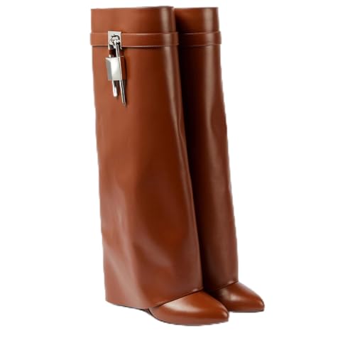 Image of Arqa Knee High Boots Womens Wedge High Heels Shark Boots Fold Over Pull-on Pointed Toe Tall Fashion Boots for Women