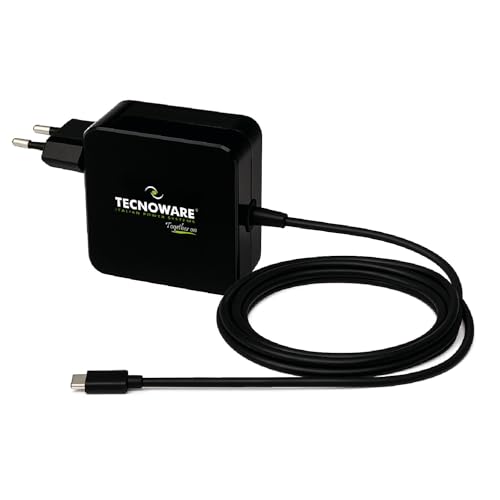 Tecnoware - Fuente de alimentación universal USB-C 65W, Compatible con portátiles, ultrabooks, smartphones y tabletas, Power Delivery, Protección total, Cable 210 cm, Negro, 65W