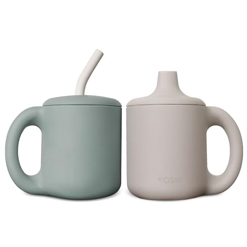 Image of KIDSco. Silicone Sippy Cups with Easy Grip Transition Handle, a Soft Spout and Straw. A Non Toxic No Spill Unbreakable Training Cup. 150ml/5oz |2-PACK Green and Sandy Shore|