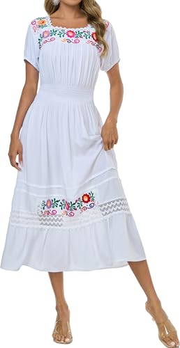 Image of Women's Summer Maxi Dress Casual Floral Embroidered Round Neck Short Sleeve Ruffle Tiered Dress Flowy Boho Beach Sundress