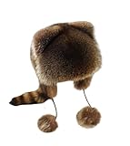 TINAYAUE Niedlicher Waschbär Plüschmütze Verdickte Wintermütze Weicher Waschbär Hut mit Schwanz Warme Kunstpelzmütze Ohrenwärmer-Kappe Winddicht Flacher Hut für Erwachsene, Kinder