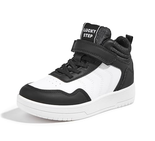 LUCKY STEP Kids High Top Sneakers Fashion Basketball Tennis Shoes Skyhigh Running Sports Ankle Boots Hook and Loop Casual Walking Shoe for Boys Girls(Black,Little Kid 2)