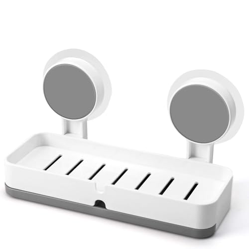 Image of Soap Holder for Bathroom - Non-Drill Wall Mount Magic Sticker Self Adhesive Soap Stand for Bathroom with Removable Drain Tray (1, Double Soap Dish Holder PP)