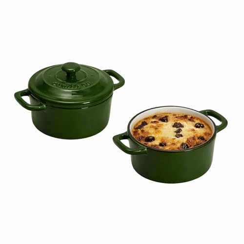 Image of CUMIN CO. Ceramic Mini Cocottes | Set of 2 | Non Toxic Bakeware | Enamel Coated Mini Pot for Lava Cake | Free Accessories | Induction, Micro & Oven Safe | Green
