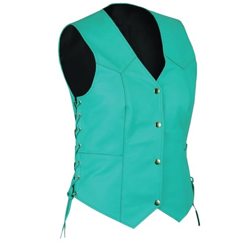 HL14501TEAL Women's Teal color side laced Leather Vest with utility Pocket for clubs, White2