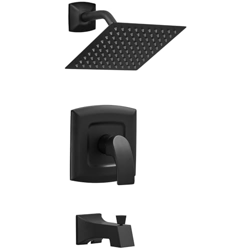 Juego de grifería para bañera y ducha, juego de grifo de ducha negro mate con válvula, cabezal de ducha lluvia cuadrado de 8 pulgadas y salida para bañera, sistema de ducha de latón completo para bañera miniatura 1