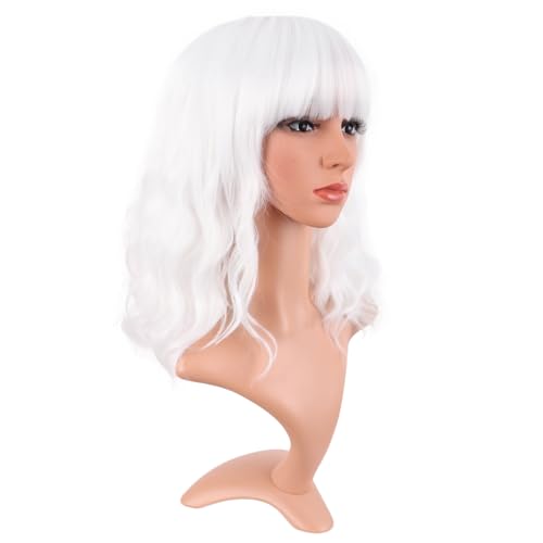Image of MapofBeauty 14 Inch /35 cm Short Wavy Curly Women Fresh Bright Synthetic Ordinary Flat Bangs Bob Wig (White)