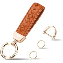 Hamdecro Genuine Leather Car Keychain, Handmade Knit Sheepskin Key chains for Women, Universal Key Fob Holder with 360 Degree Rotatable, Anti-Lost D-Ring, 2 Keyrings and 1 Screwdriver Orange