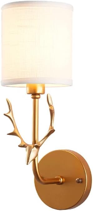 Applique murale tête de cerf dorée en métal et abat-jour cylindre en tissu pour escalier moderne