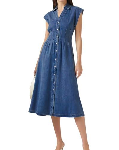 Women's Summer Denim Shirt Dress Lapel V Neck Cap Sleeve Jean Dress Button Down A-Line Long Dresses