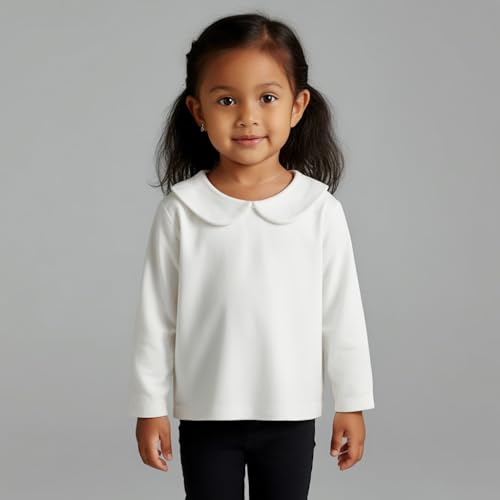 Image of Toddler Kids Girl Boy Blouses Long Sleeves Solid Color Doll Peter Pan Collar T-Shirt Top Bottom Tees
