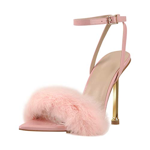 Onlymaker Women's Fashion Slim High Heel Sandals Fur Ankle Buckle Sandals Metal High Heel Sandals Shoes For Party Dress Pink Big Size 15 #TOP3