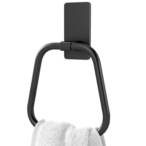 JUYSON Adhesive Hand Towel Holder for Bathroom Aluminum No Drill Wall Mounted Towel Ring Easy Install for Bathroom & Kitchen (Matte Black)