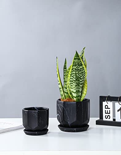 Finestic Black Plant Pot With Drainage Holes And Saucers, Ceramic Pots For Indoor Outdoor Plants, 4 & 5 Inch Premium Hand Glazed Sustainable Planters For Flower, Garden, Succulent, Nursery, Home Decor #TOP5