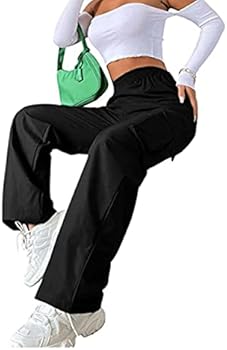Dihope Track Pants voor dames, baggy joggingbroek, Y2K, parachutebroek, cargobroek, wijde pijpen, vintage broek, streetwear, elastische taille, marineblauw, L