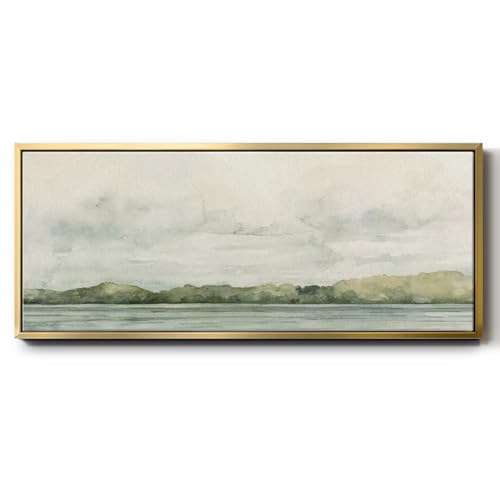Renditions Gallery Floater Framed For Home Riverside Views Neutral Landscape Canvas Wall Art for Bedroom Office Kitchen Lobby - 12"X30" GOLD Frame GAL034