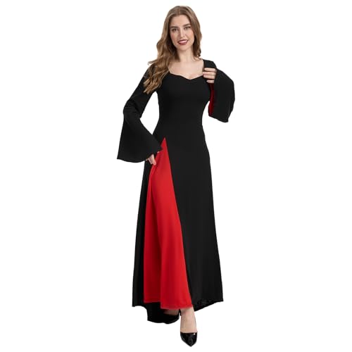 rumnigh Damen Vintage Gothic Hexenlanges Kleid Schwarz Rot Langarm Samt Abendkleider für Halloween Karneval Cocktailparty (DE/NL/SE/PL Alphanumerisch XL Regular Regular Schwarz und Rot)